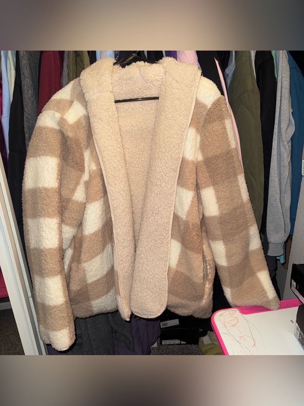 Love Tree Plaid Teddy Jacket - Cream & Tan